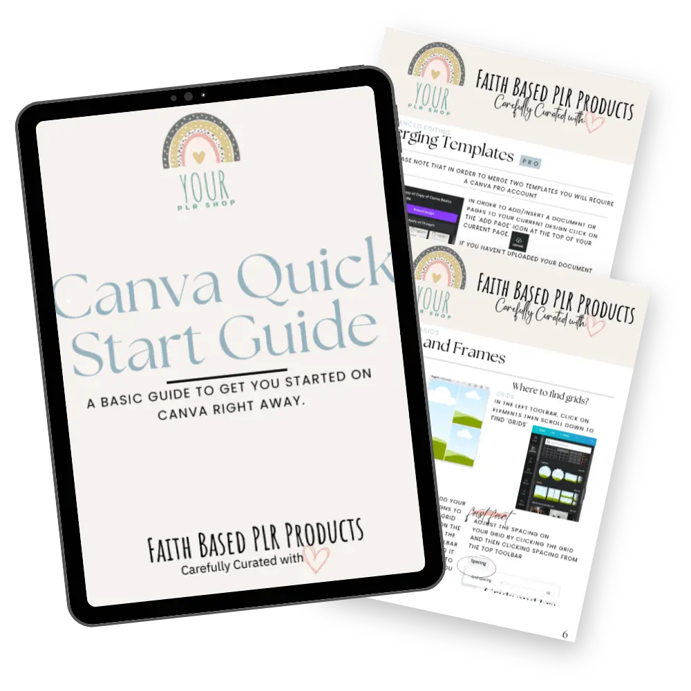 Mockup showing the Canva Quickstart Guide images. It shows the front page on a tablet, and two of the inside pages are on the right side.